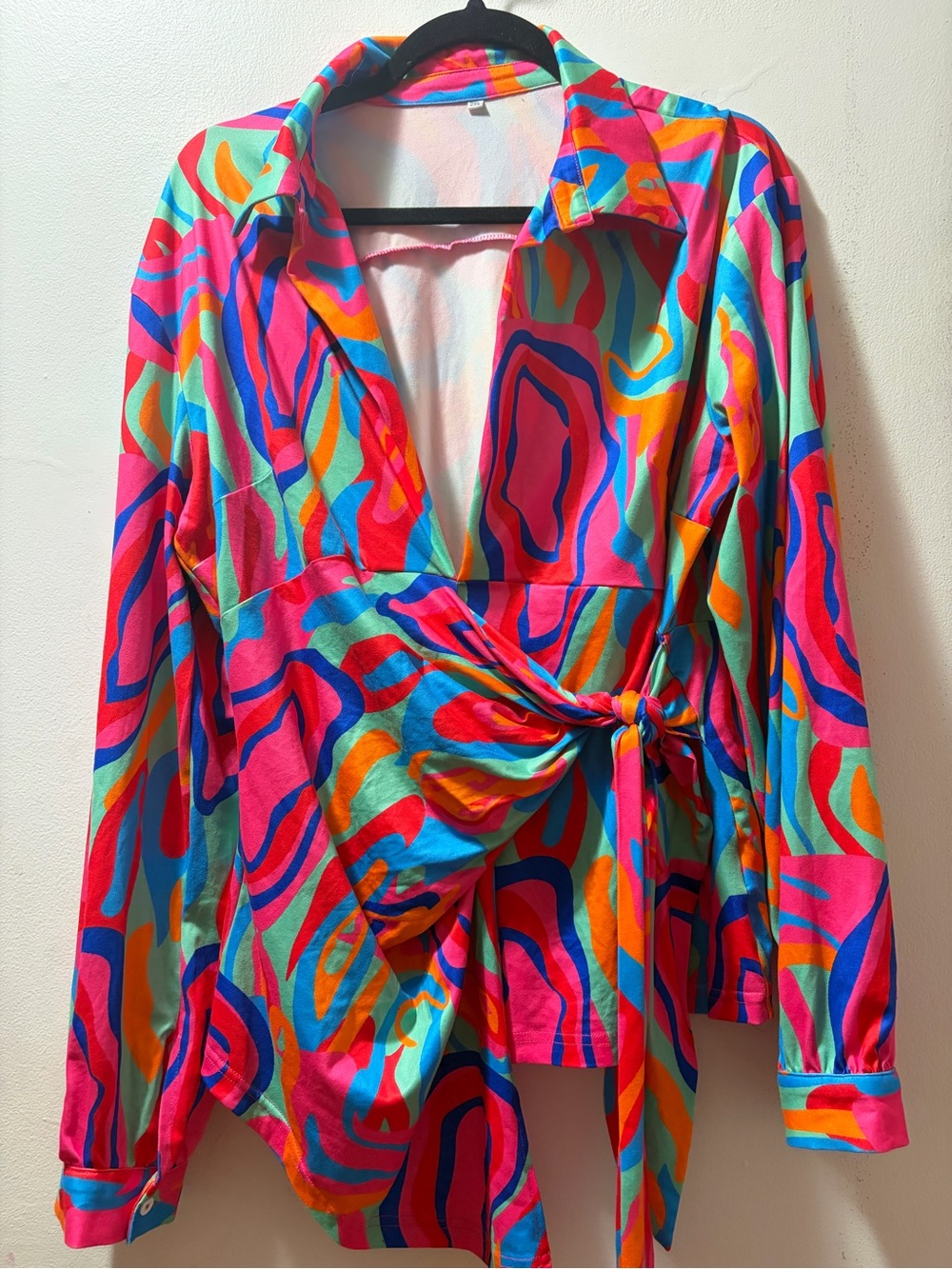 SHEIN Multicolor Abstract Wrap Blouse - Hot Pink, Aqua & Orange